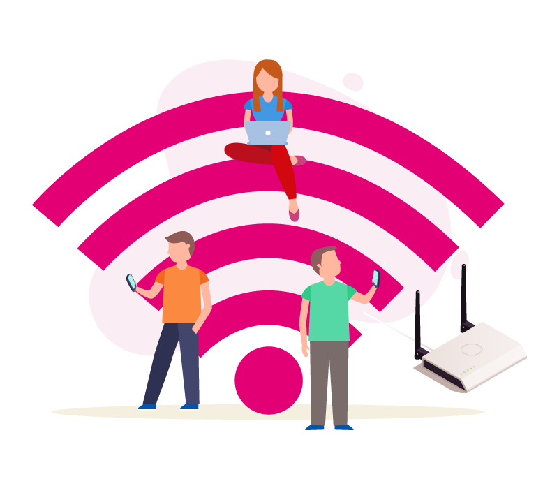Two boys using mobile devices with a high-speed internet signal shown as pink waves in the background, a girl using a laptop above them, and a modem displayed below. Unmissable prices on best NBN network plans.